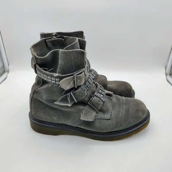 Dr. Martens Original Hayley Grey Suede Buckle Zip Up Ankle Boots Womens Size 10L - Picture 3 of 8